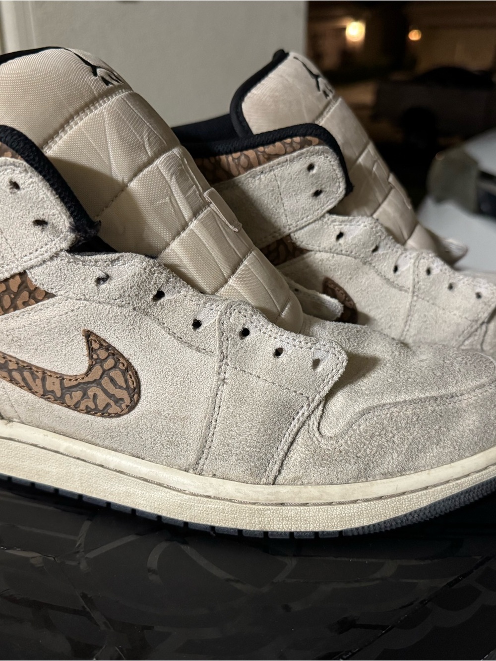 Nike Air Jordan 1 Mid Suede Sneakers in Cream with Brown Patterned Swoosh